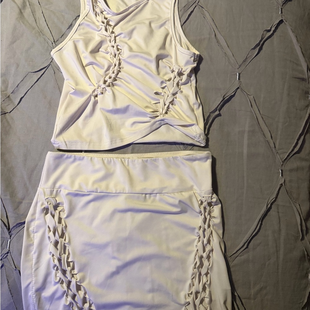 Braided Detail White Skirt Set - Womens Two-Piece